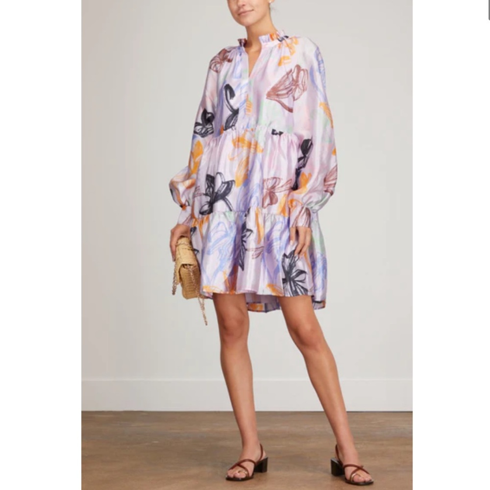 Stine Goya Jasmine Mini Dress in Stroke Tulips Purple Pink Tiered Ruffle Puff M